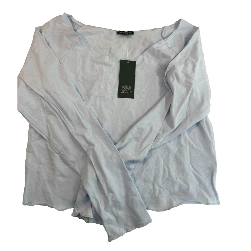 Wild Fable Women's Long Sleeve V Neck T-Shirt Light Blue L Cropped Pullover